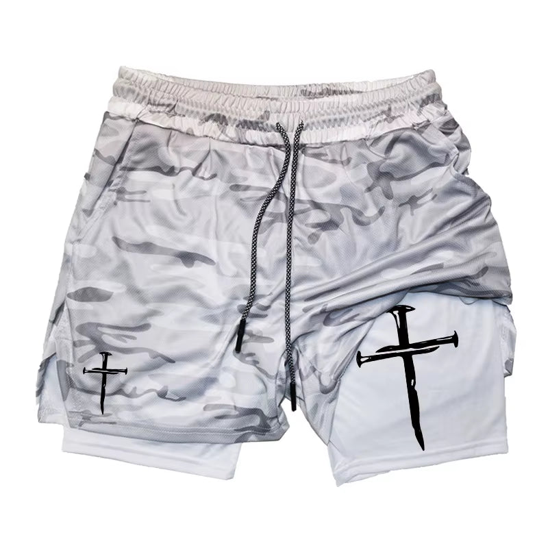 Cross Graphic 2 in 1 Workout Running Shorts for Men Christian Gym Performance Shorts with Phone Pocket Towel Loop Active Wear